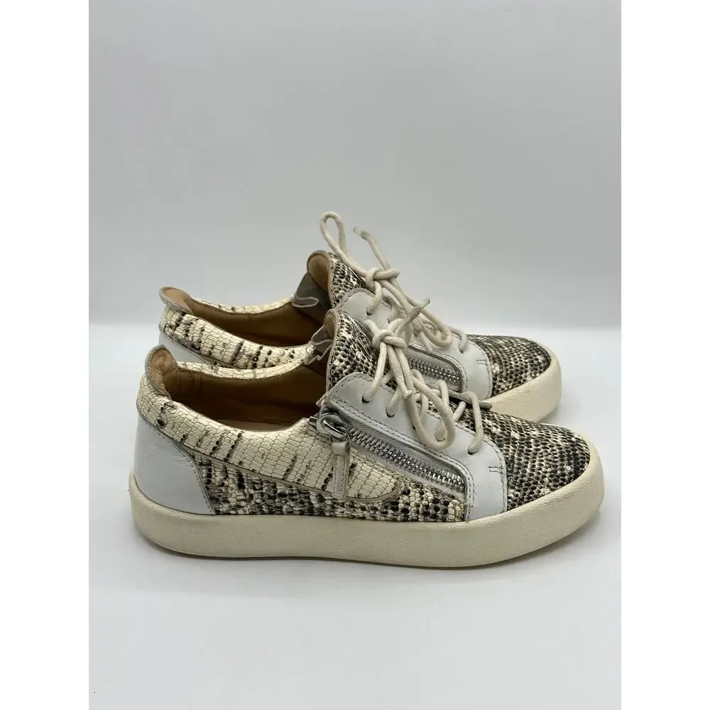GIUSEPPE ZANOTTI Frankie Sneakers Lizard Emboss Leather White Beige Sz 38/US 7.5